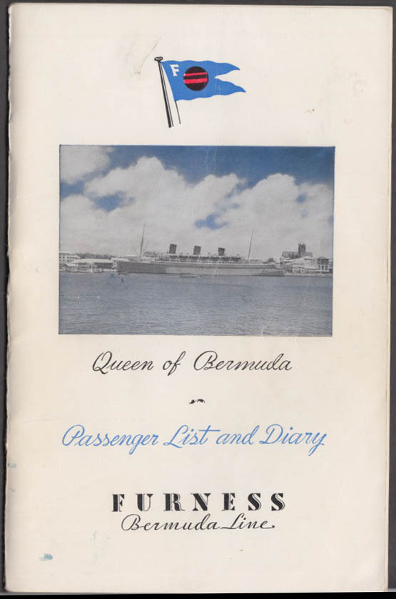 Furness Bermuda Line TSS Queen of Bermuda Passenger List & Diary 10/9 1954