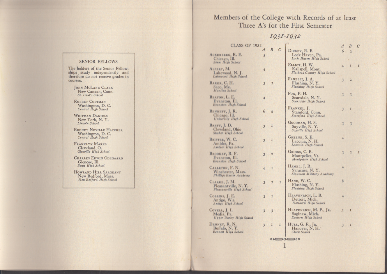 Dartmouth Men of Distinctive Scholastic Accomplishment 1st Semester 1931-32