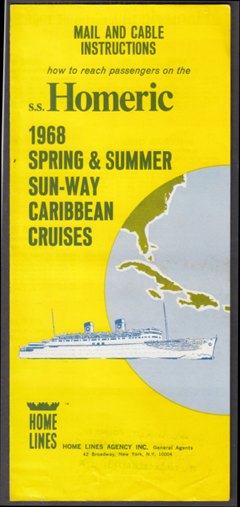 Home Lines S S Homeric 1968 Spring-Summer Sun-Way Caribbean Cruises folder