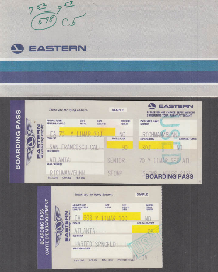 Eastern Airlines ticket folder with Boarding PassSF CA-Atlanta-BDl 1987