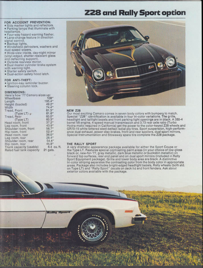 1977 Chevrolet Camaro sales brochure Sport Coupe Type LT Z28 Rally Sport 1/ 1977