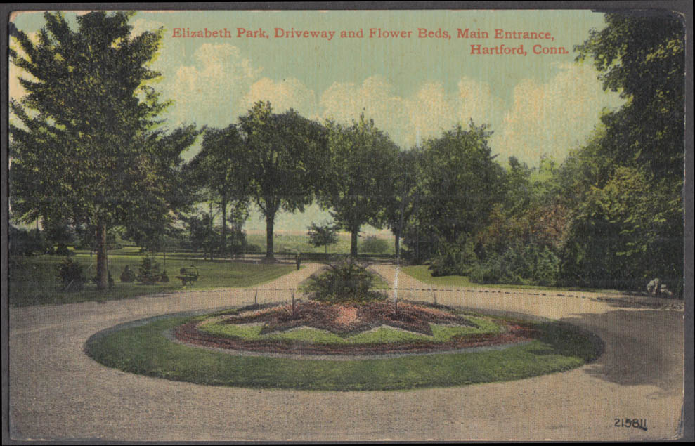 Driveway & Flower Beds Elizabeth Park Entrance Hartford CT postcard ca 1910