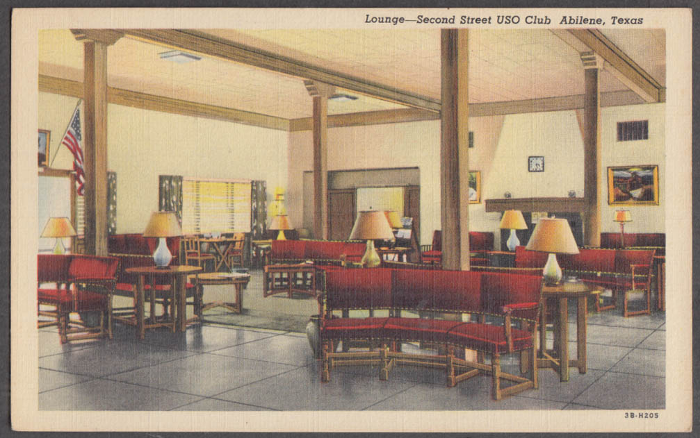 Lounge in Second Street USO Club Abilene TX postcard 1940s