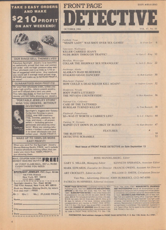 FRONT PAGE DETECTIVE 10 1984 AK Go-Go Dancers; Sex Games; Highway Strangler