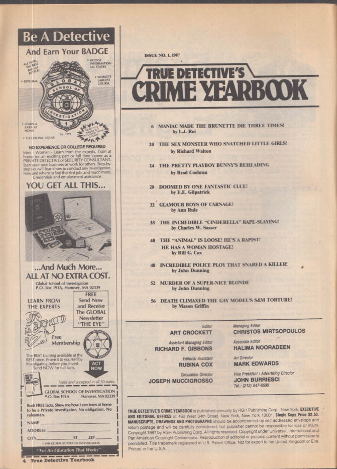 TRUE DETECTIVE'S CRIME YEARBOOK 1987 Gay Model; Cinderella Rape; Hostage