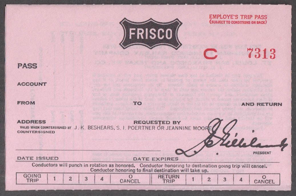 St Louis San Francisco Railway Frisco Line unused pass form ca 1960s