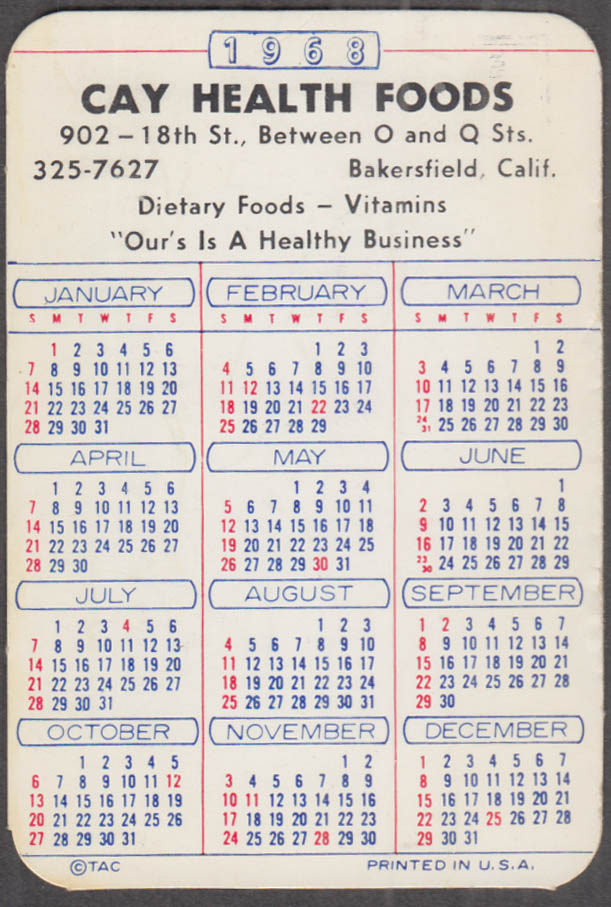 Cay Health Foods Bakersfield CA pocket calendar card 1967 1968 1969