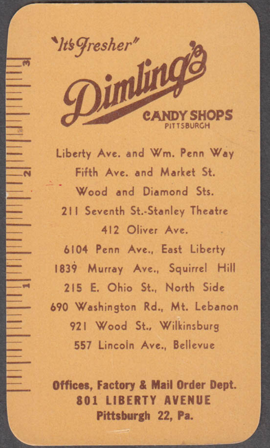 Dimling's Candy Shops Pittsburgh pocket calendar card 1947