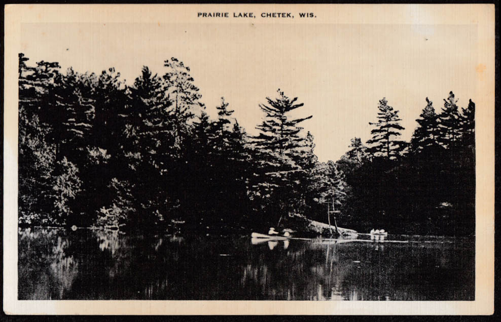 Canoes at Prairie Lake in Chetek WI postcard ca 1930s