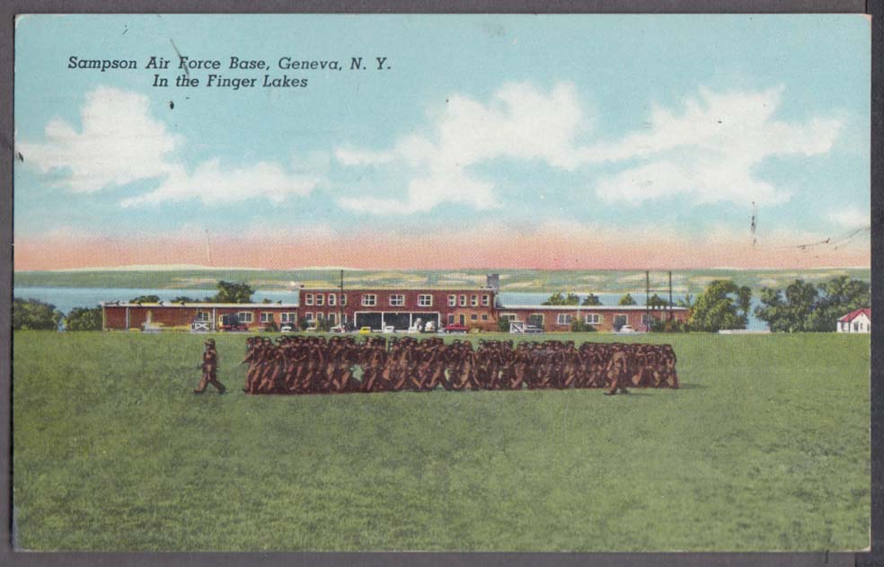 Troops marching in formation Sampson AFB Geneva NY postcard 1955