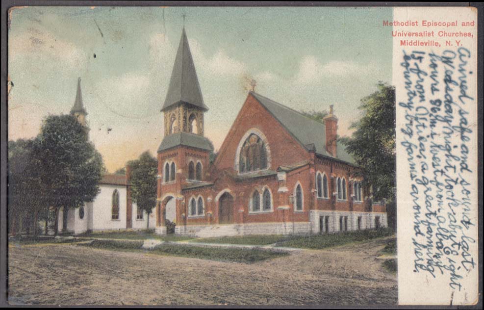 Methodist Episcopal & Universalist Churches Middleville NY postcard 1946