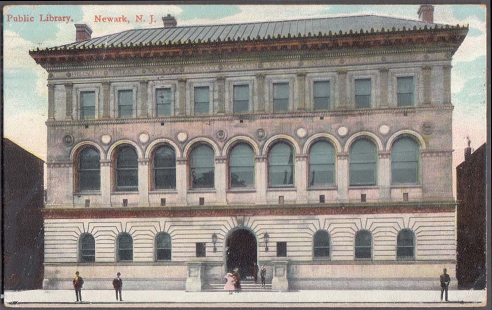 Pedestrians outside The Public Library at Newark NJ postcard 1909