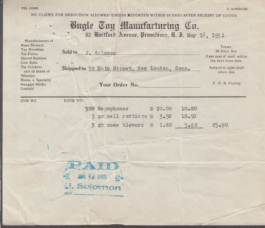 Bugle Toy Manufacturing Providence Ri invoice megaphones &c 5/16 1931