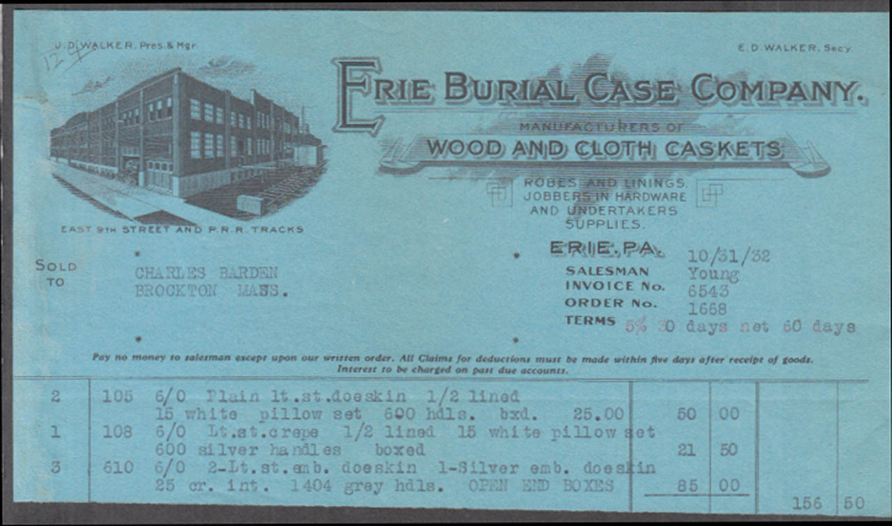 Erie Burial Case Wood & Cloth Caskets invoice Erie PA 1932