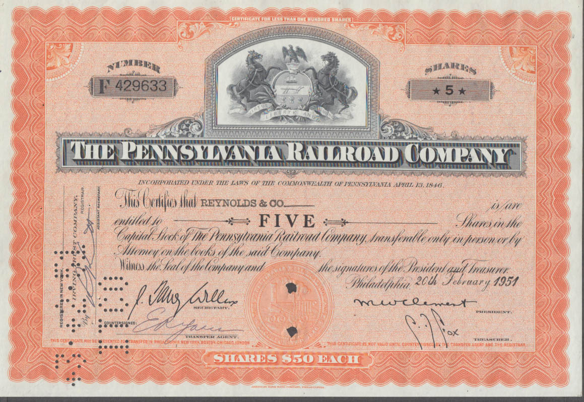 Pennsylvania Railroad stock certificate five shares 1951