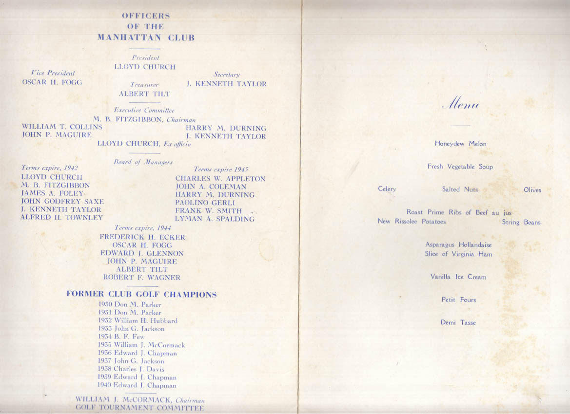 Manhattan Club Annual Golf Dinner Menu Winged Foot Mamaroneck NY 1941