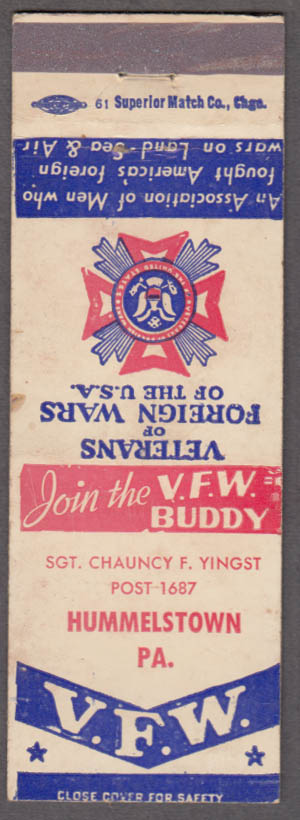 VFW Post 1687 Sgt Chauncy F Yingst Hummelstown PA matchcover