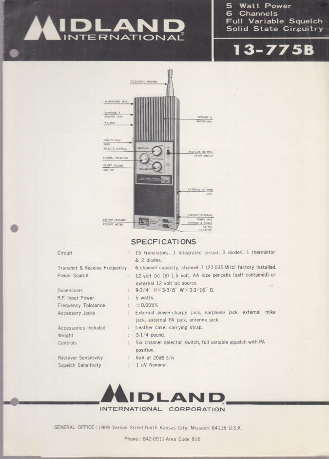 Midland Citizens' Band Transceiver CB Model 13-775B Service Manual c 1966