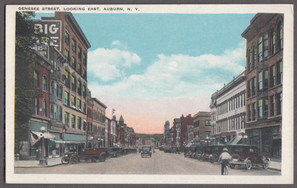 View up Genesee St looking East at Auburn NY postcard 1920s