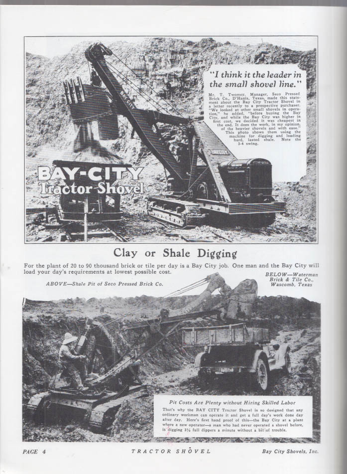 1920s Bay City Shovels Model R & K Tractor Shovel FACSIMILE catalog ca 1980