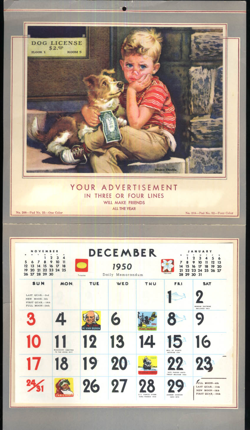 1950 Salesman's Sample calendar: boy lacks $2 for Dog License