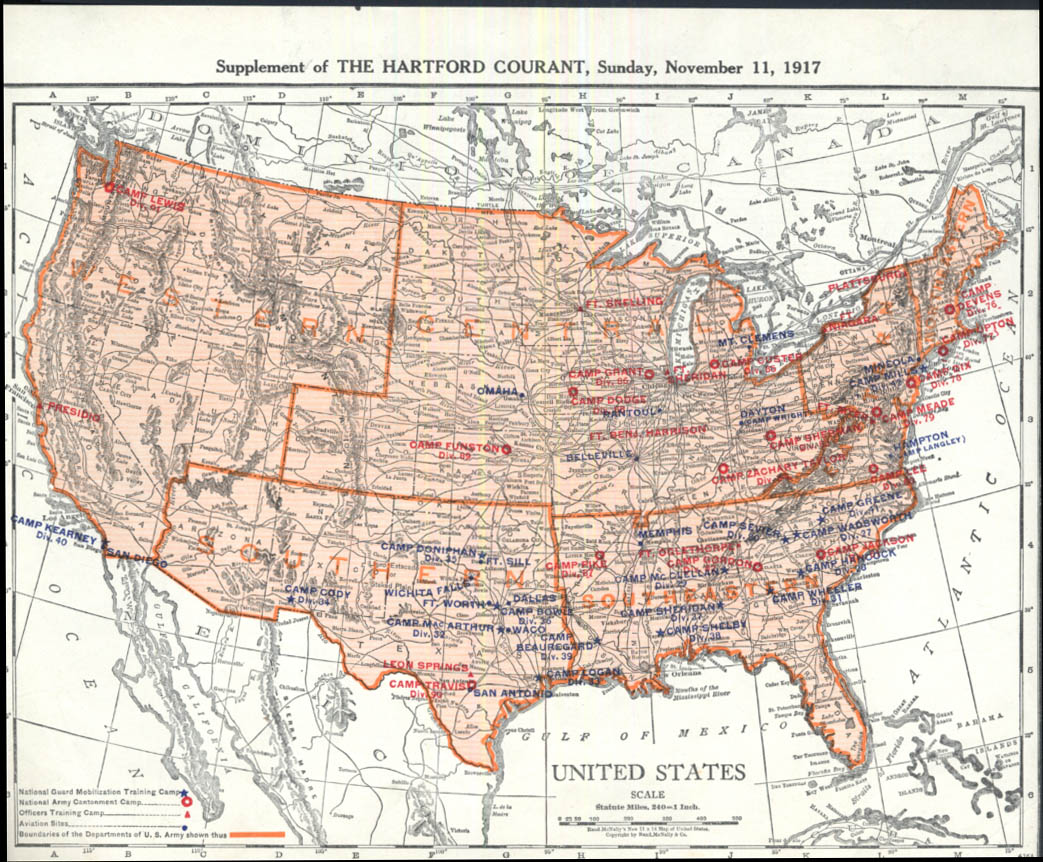 US New National Army & National Guard Camp Location Map 11/11 1917