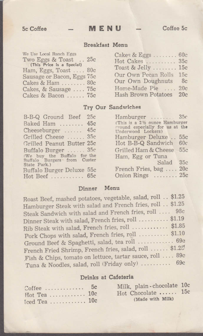 Hustead's Wall Drug menu card 1962 Wall SD