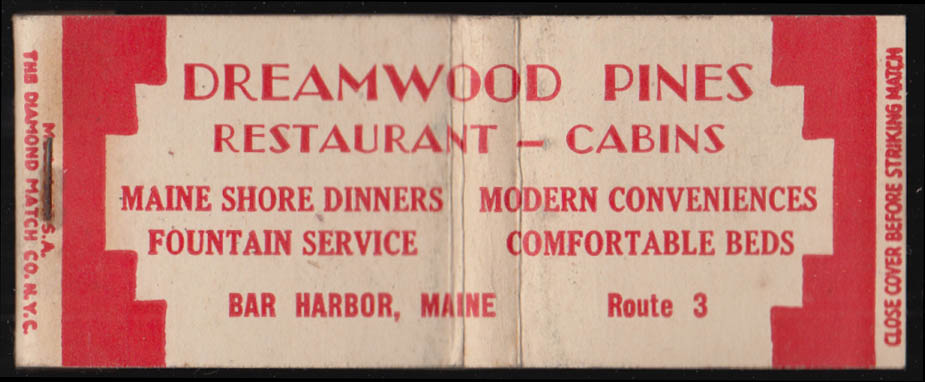 Dreamwood Pines Restaurant & Cabins Bar Harbor ME matchcover