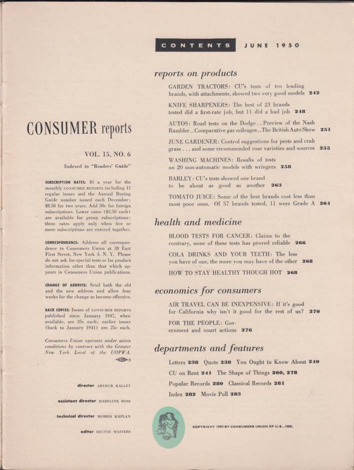 CONSUMER REPORTS 6 1950 Dodge & Nash tests; Cola vs teeth; cancer tests &c