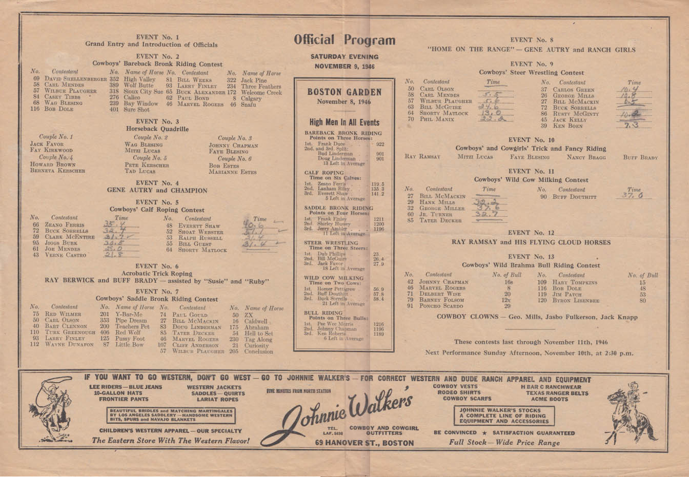 World Championship Rodeo Boston Garden Program 1946 Gene Autry