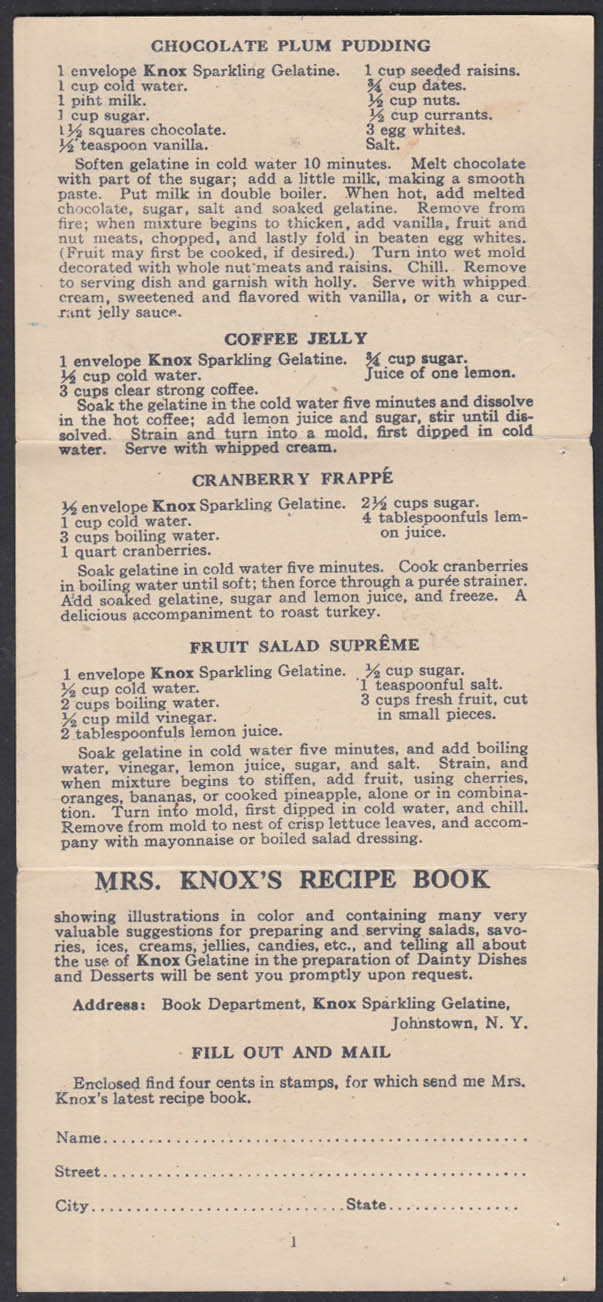 Knox Sparkling & Acidulated Gelatine recipe folder 1915