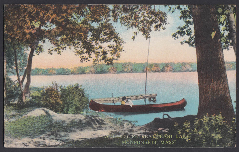 Kissing canoeists Shady Retreat East Lake Monponsett MA postcard 1916