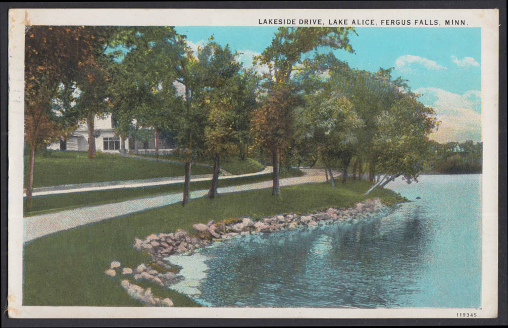 Lakeside Drive along Lake Alice Fergus Falls MN postcard 1930