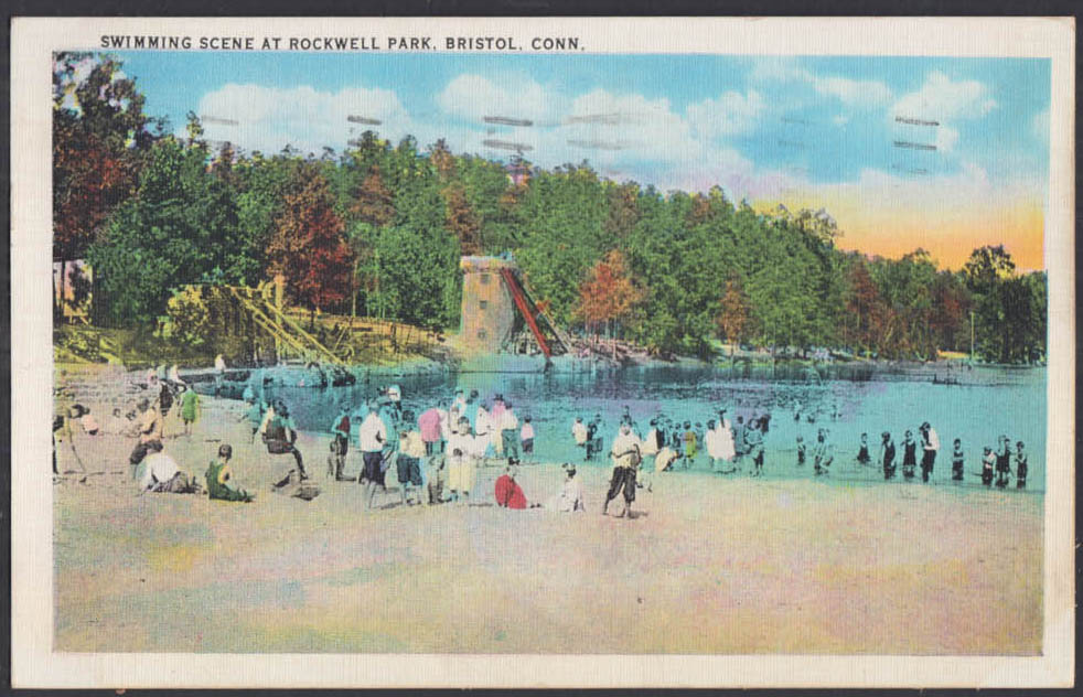 Swimming scene at Rockwell Park in Bristol CT postcard 1936