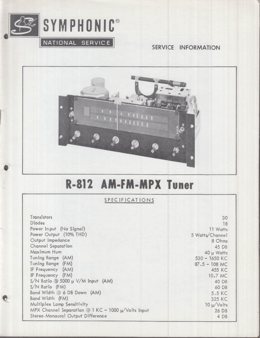 Symphonic R-812 AM-FM-MPX Tiner Service Manual ca 1970s