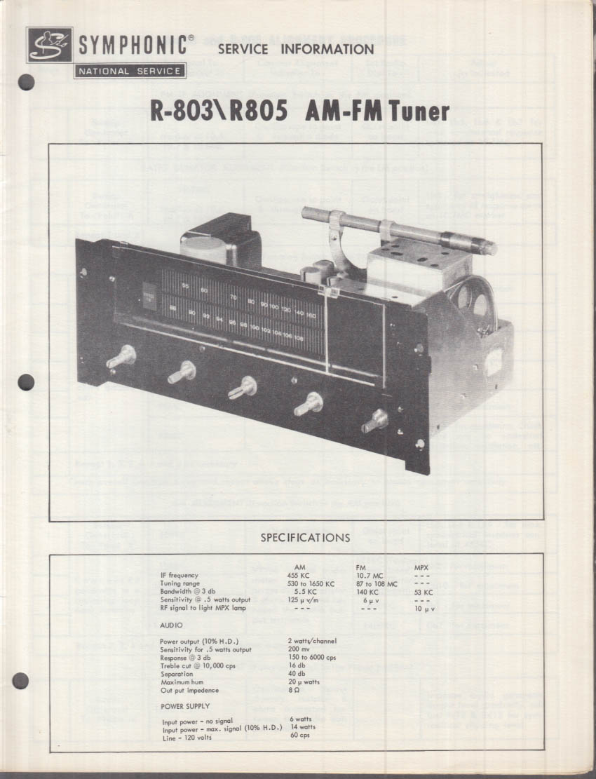 Symphonic R-803 / R-805 AM-FM Tuner Service Manual ca 1970s