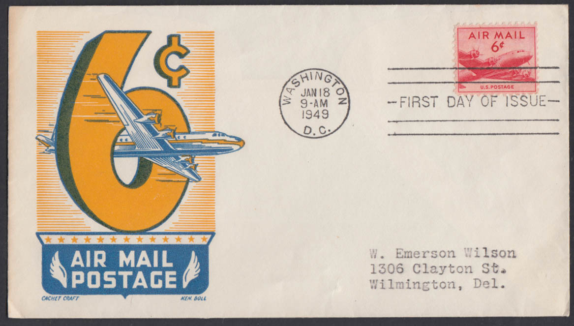 US Air Mail 6¢ First Day of Issue cachet postal cover 1949 Douglas DC-6