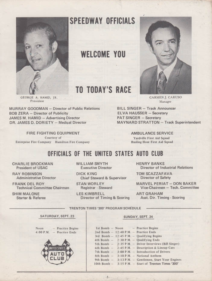 USAC Trenton Times 300 International Speedway Program 9/24 1972