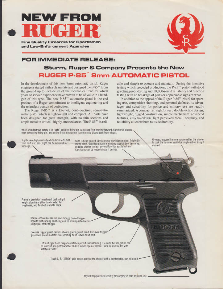 NEW from STURM RUGER sell sheet Ruger P-85 9mm Automatic Pistol 1986