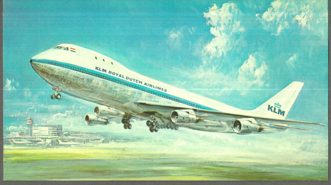 KLM Royal Dutch Airlines Boeing 747B takeoff jumbo postcard 1980s