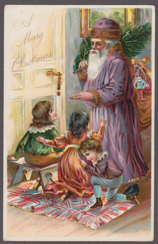 Santa Claus Christmas postcard c 1905 purple coat & cap; 3 kids at his feet