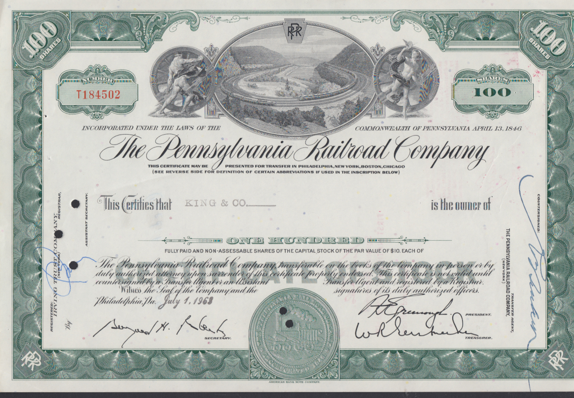 Pennsylvania Railroad Stock Certificate 100-shares 1963 King & Co.