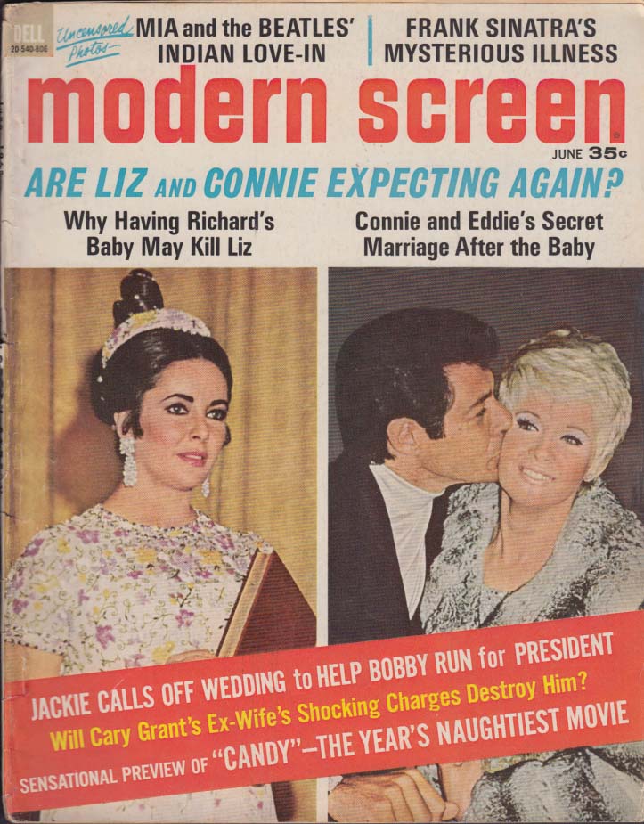 MODERN SCREEN 6 1968 Jackie O Connie & Eddie; Liz; Mia & Beatles; Sinatra