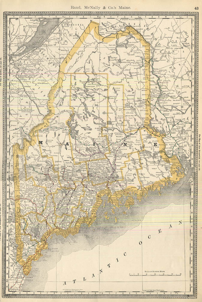 State of Maine Rand McNally color map showing railroads 1888