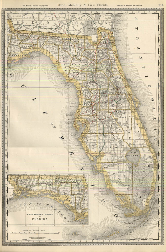 State of Florida Rand McNally color map showing railroads 1888