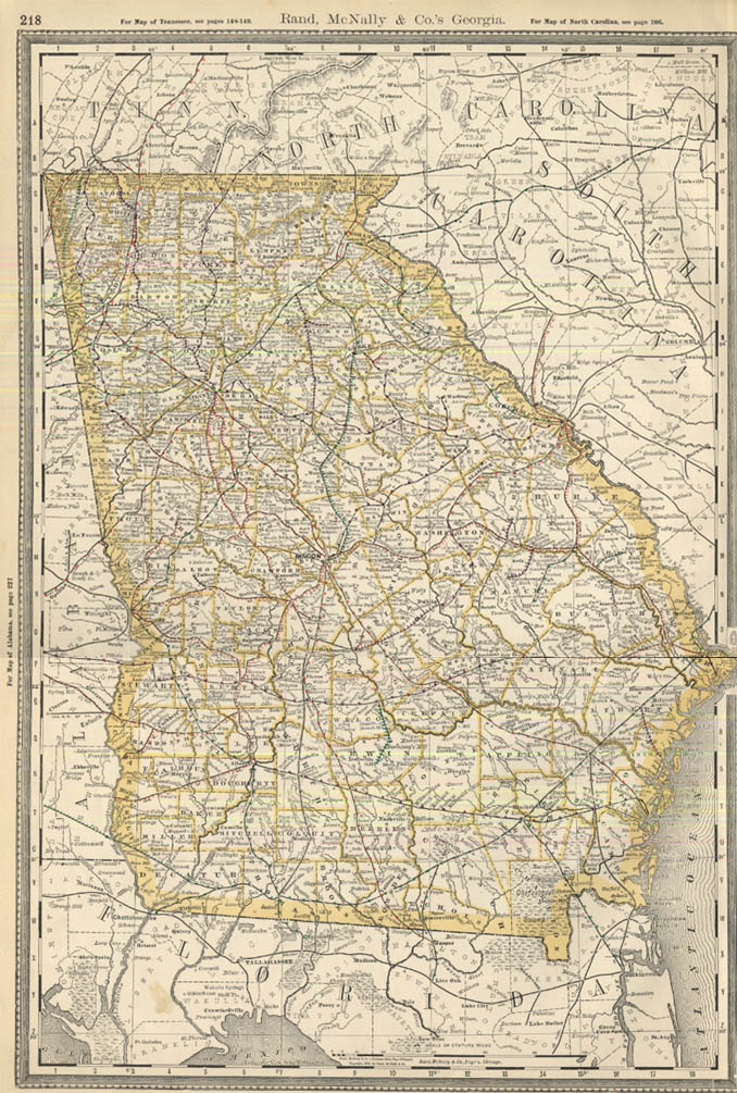 State of Georgia Rand McNally color map showing railroads 1888