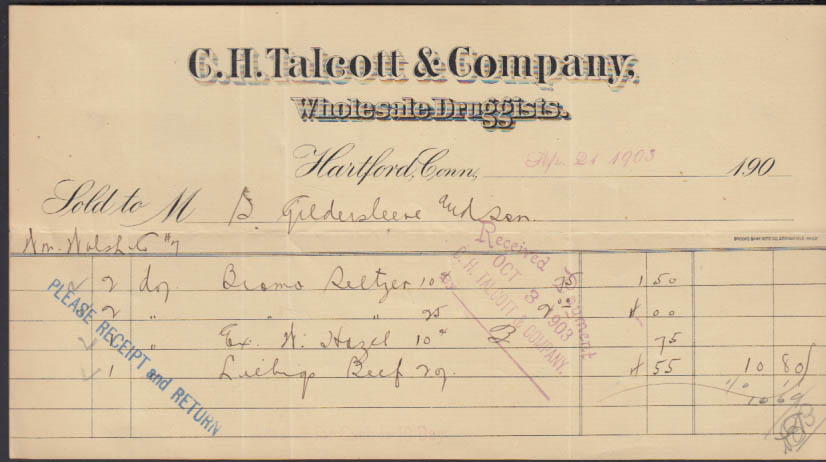 C H Talcott & Company Wholesale Druggists invoice Hartford CT 1903