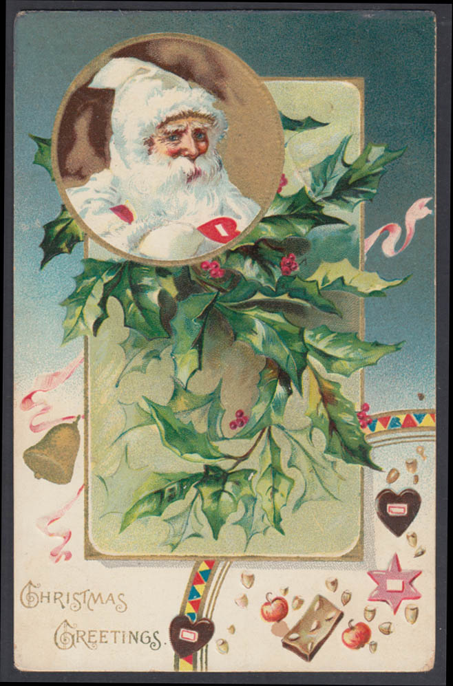 Santa Claus Christmas postcard 1906 all in white fur offers heart amid ...