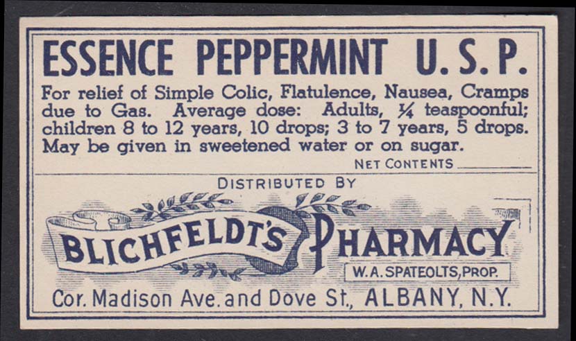 Essense Peppermint Blichfeldt's Pharmacy Albany NY apothecary label 1880s