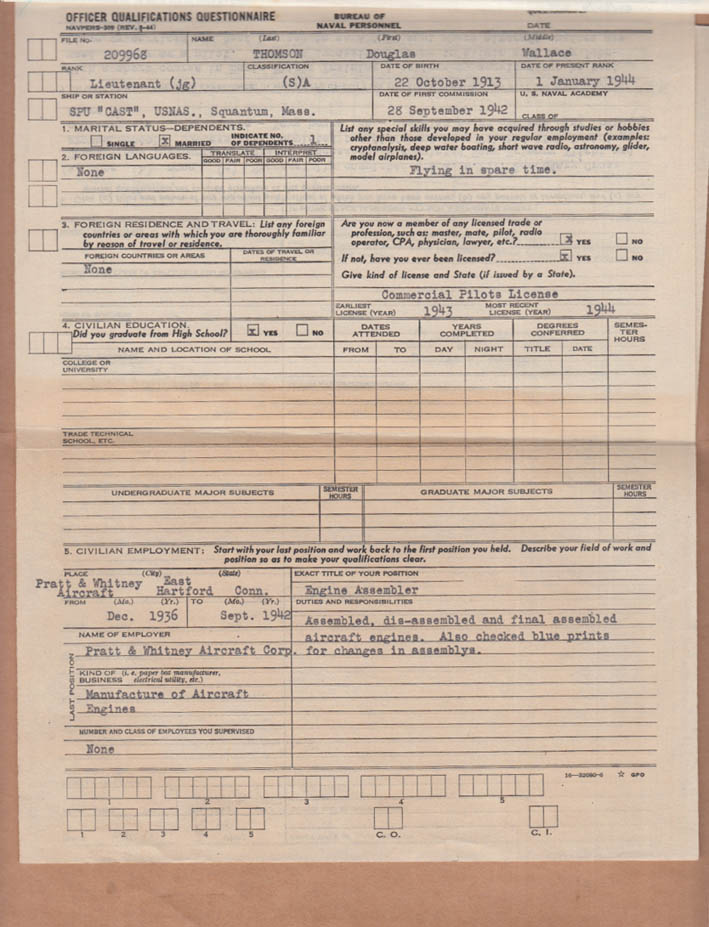 US Navy Officer's Qualification Jacket: pilot Lt Douglas Thomson 1944-1945